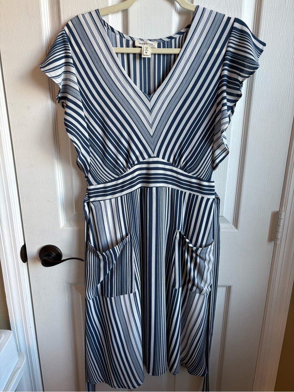 Monteau Blue and White Striped V-Neck Flutter-Sleeve Midi Dress, Size Medium